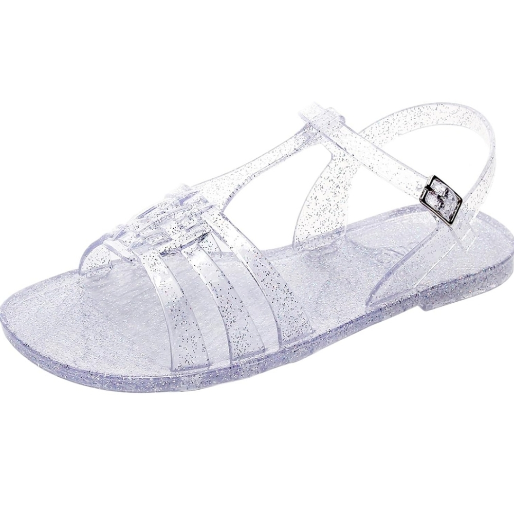 Women Sandals Jelly Shoes Flats/ T-Strap Crystal Jellies Slides/ Clear Rain Colo